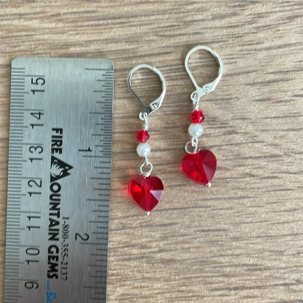 HAND CRAFTED RED HEARTS & WHITE PEARLS EARRINGS